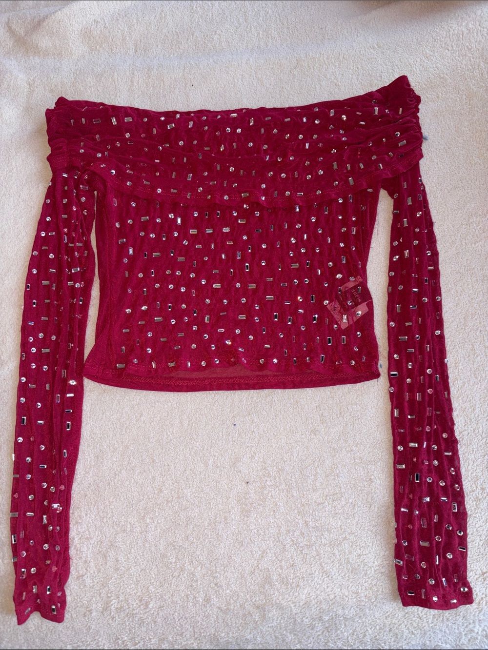 Embellished Off-Shoulder Long Sleeve Top in Deep Wine